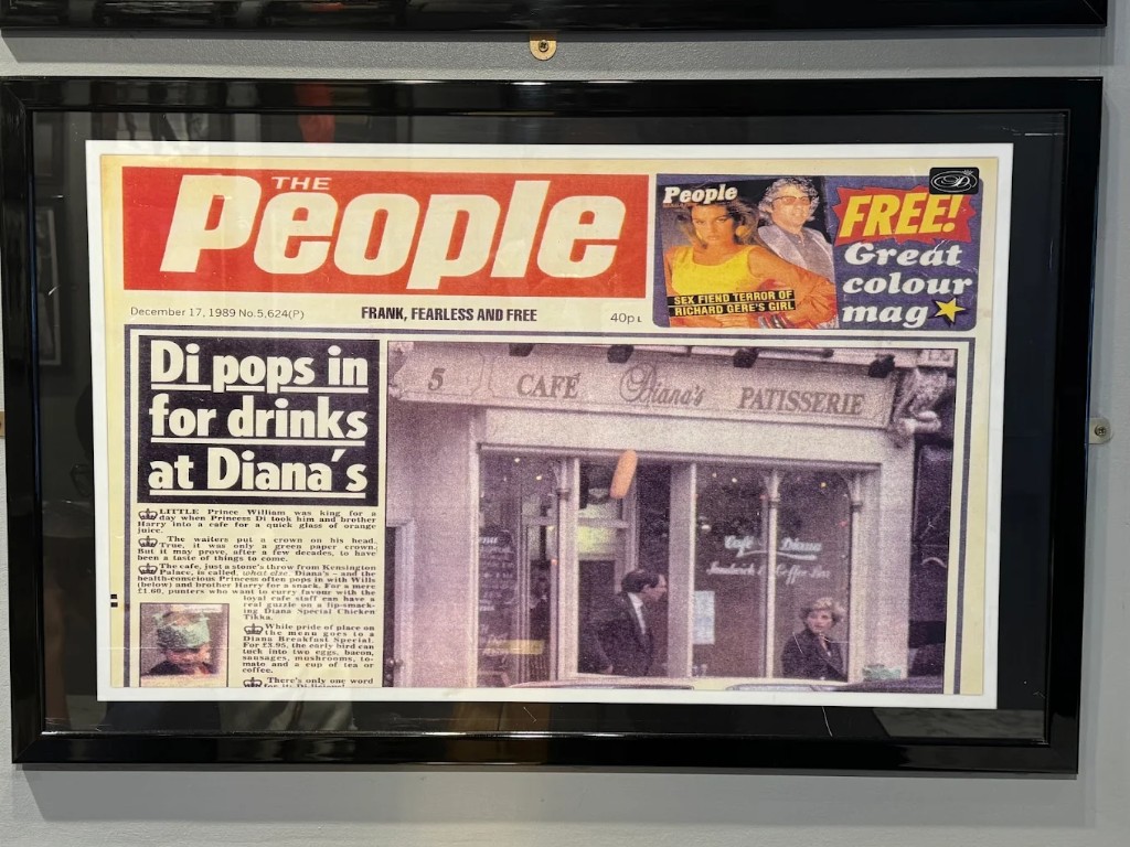 Framed 1989 newspaper clipping from The People titled Di pops in for drinks at Diana's