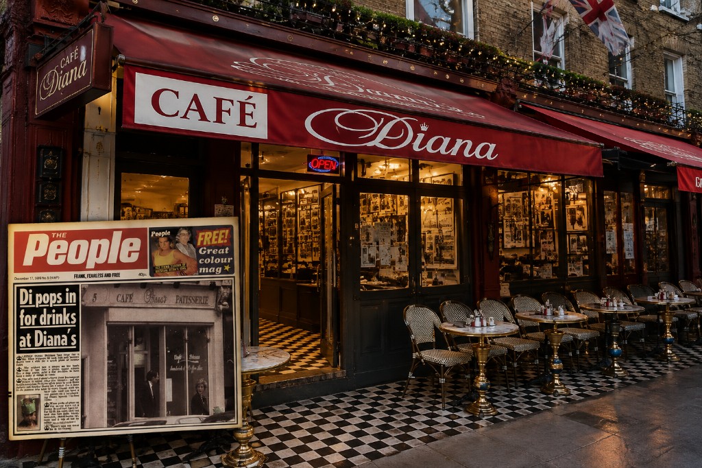 Café Diana storefront at dusk with warm interior light and vintage newspaper board