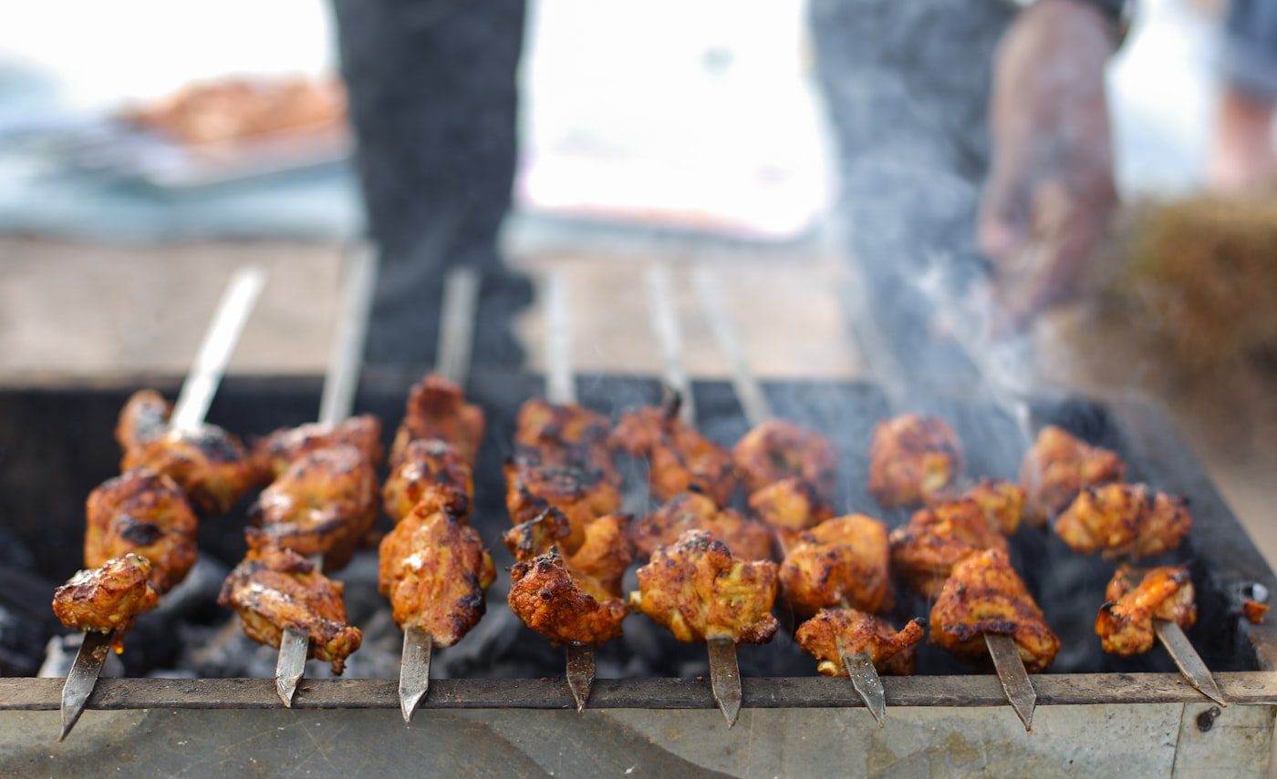 Chicken tikka kebabs on skewers