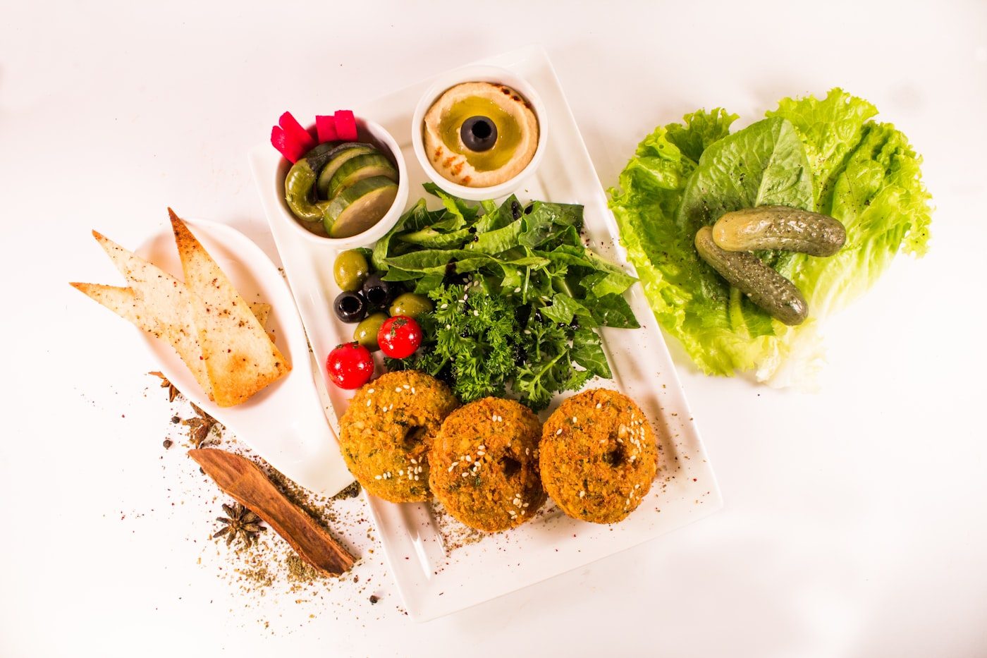Falafel plate with hummus salad and pickles