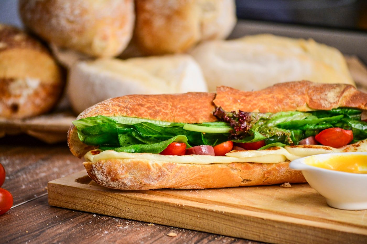 Cheese and tomato baguette sandwich